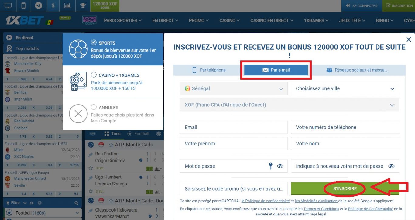 Création d'un Compte sur 1xBet